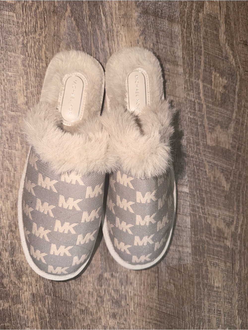 Michael Kors Taupe MK Logo Faux Fur Slide Slippers